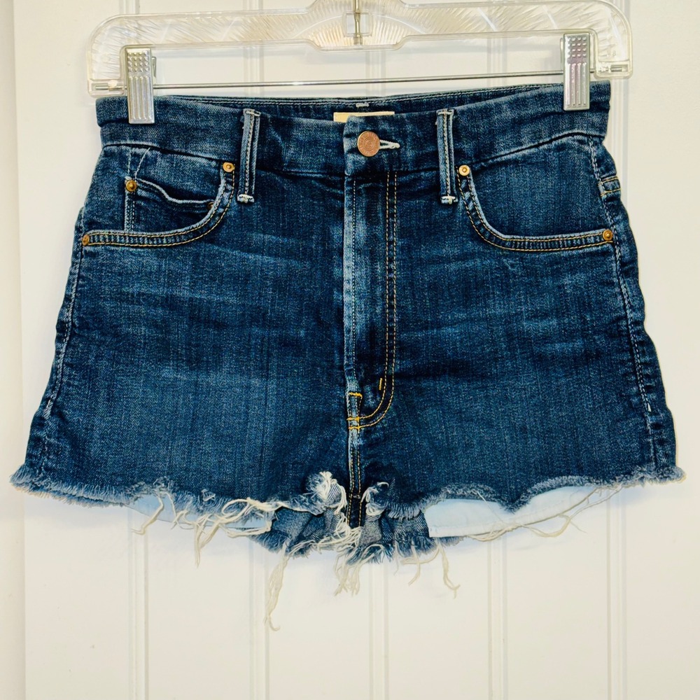 MOTHER Dark Blue Frayed Hem Denim Jean Shorts